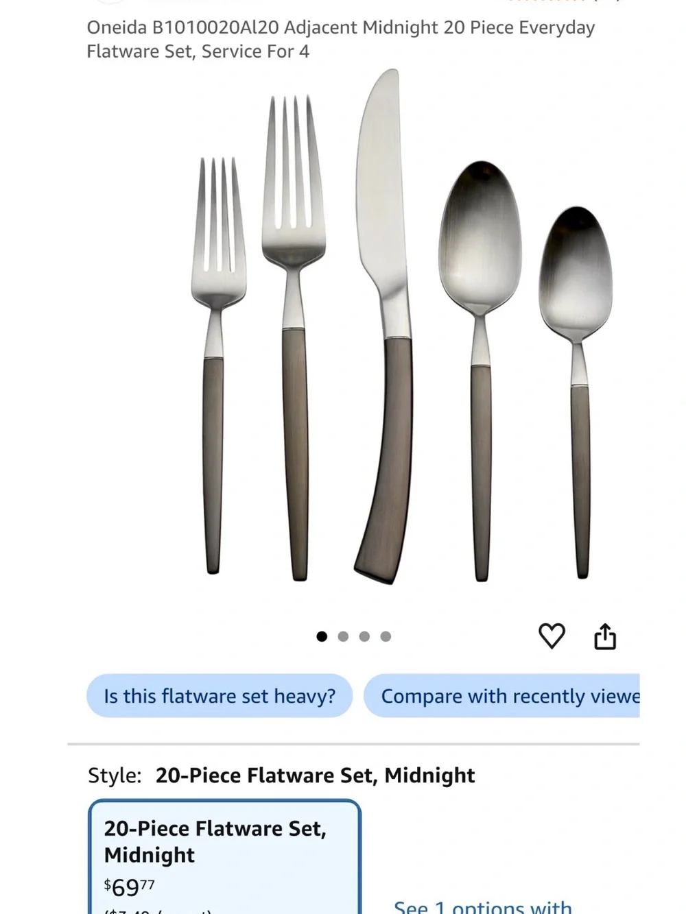 Oneida Adjacent Midnight 20-Piece Flatware Set Service for 4 Stainless Steel